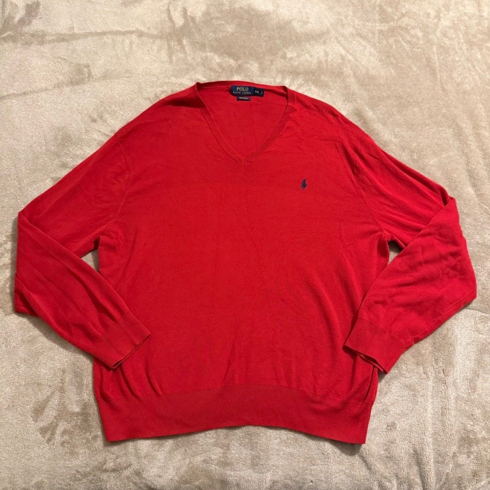 Polo Ralph Lauren Mens XXL Red Pima Cotton V-Neck Sweater Pony Logo Long Sleeve